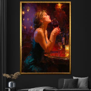 Elegant Woman with Wine Glass Canvas Painting – Romantic Bar Scene Wall Art, Sensual Living Room Decor, Perfect Gift for Wine Lovers