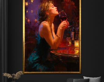 Puede incluir: Pintura al óleo de una mujer con un vestido turquesa saboreando vino tinto. La obra de arte tiene una paleta de colores cálidos y un marco dorado. El fondo está borroso con una iluminación suave, creando un ambiente romántico.