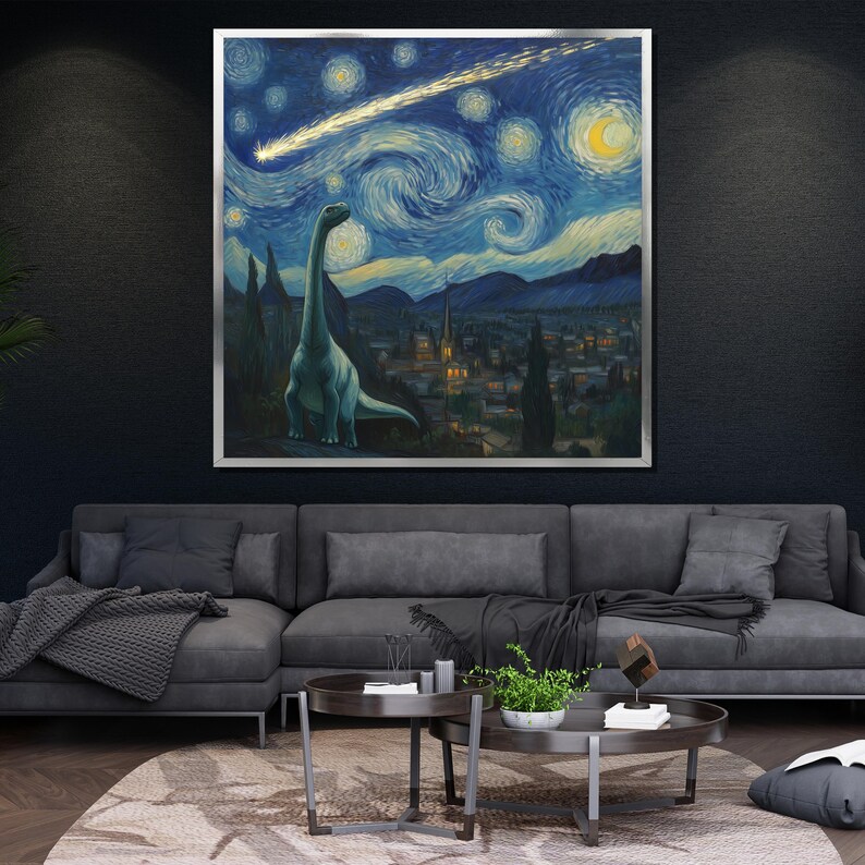 Dinosaur Starry Night Canvas Painting Unique Wall Art for Kids Room Decor and Dinosaur Lovers Gift image 4