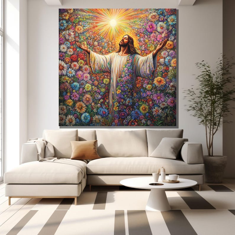 Jesus Christ Canvas Painting Floral Wall Art Colorful Faith Home Decor ...