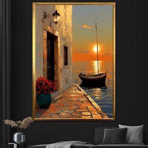 Mediterranean Sunset Canvas Painting, Coastal Wall Art, Boat and Sea Landscape, Rustic Home Decor, Romantic Gift for Home