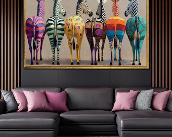 Colorful Zebras Back View Canvas Painting for Living Room Wall Decor, Modern Animal Art Gift for Contemporary Home