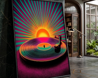 Vibrant Sunset and Vinyl Record, Retro Music Canvas, Colorful Radiant Sunburst, Modern Wall Art Decor, Music Lover Gift