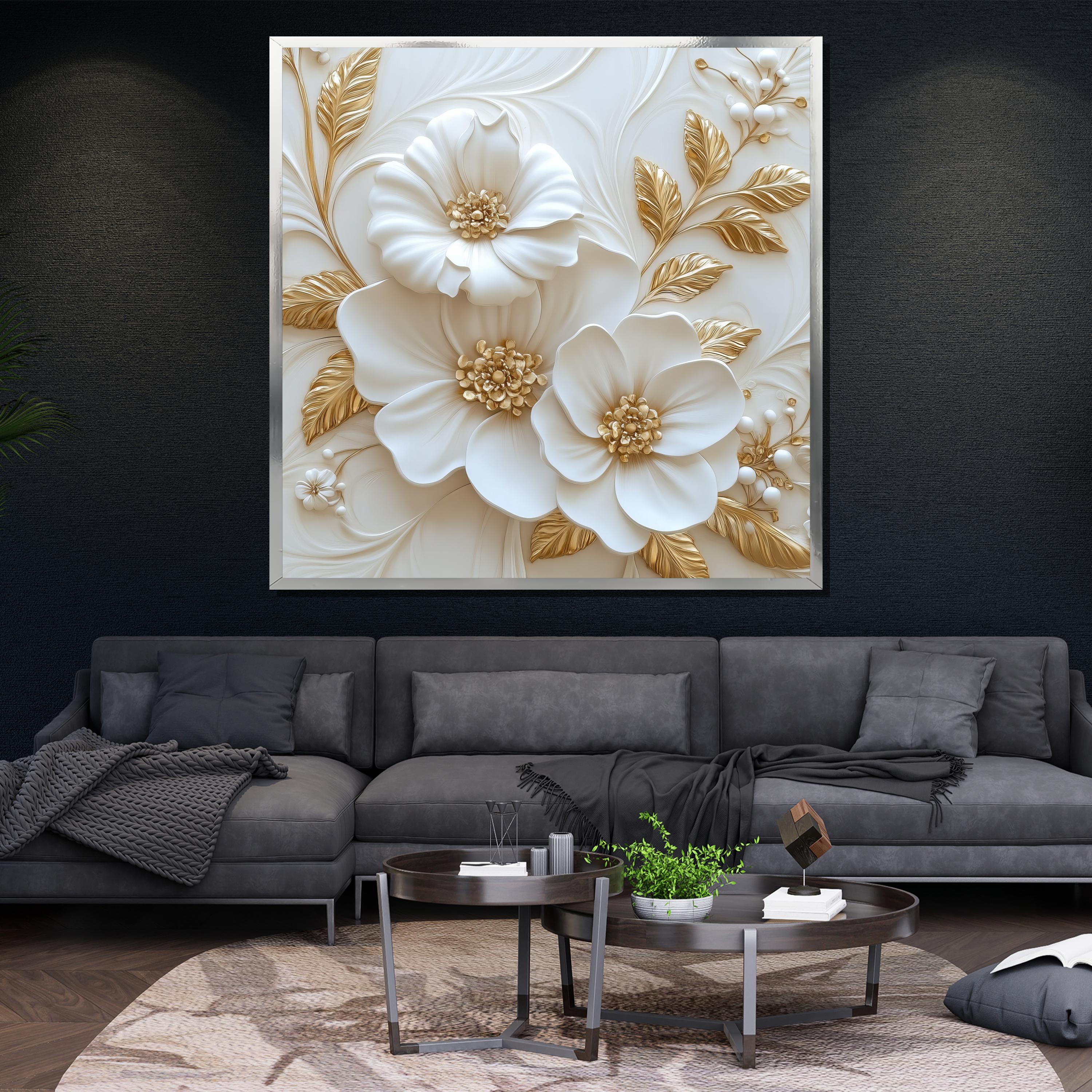 Luxury White and Gold Floral Canvas Painting - Elegant Textured Wall ...