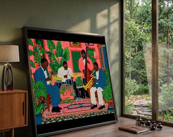 Vibrant Jazz Quartet Canvas, Musical Instrument Art, Retro Jazz Band Wall Decor, Colorful Music Scene Canvas, Home Music Room Decoration