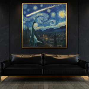 Dinosaur Starry Night Canvas Painting Unique Wall Art for Kids Room Decor and Dinosaur Lovers Gift image 2