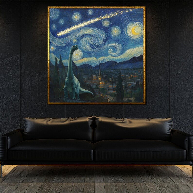 Dinosaur Starry Night Canvas Painting Unique Wall Art for Kids Room Decor and Dinosaur Lovers Gift image 2