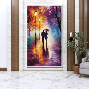 Romantic Stroll in Rain Canvas Painting, Colorful Couple Wall Art, Love Inspired Decor, Perfect Gift for Anniversary image 5