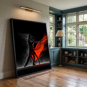 Pareja apasionada bailando tango, lienzo con vestido rojo vaporoso, arte de pared con silueta de baile romántico, lienzo con escena elegante de salón de baile, decoración del hogar