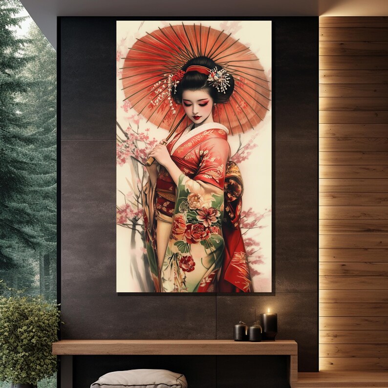 Japanese Geisha Canvas Painting Traditional Kimono Art Elegant Wall Decor Unique Gift for Living Room image 6