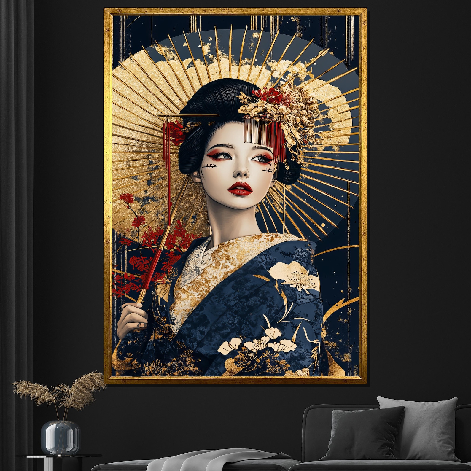 Geisha Umbrella Canvas Painting Japanese Kimono Art Elegant Wall Decor ...