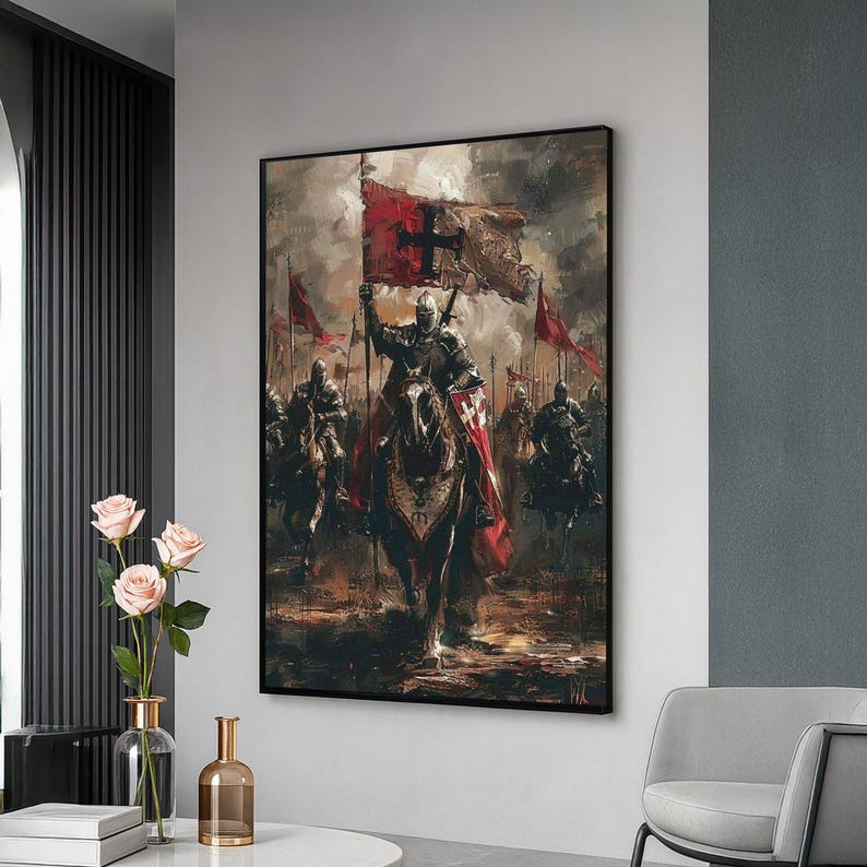 Medieval Knight Cavalry Canvas Wall Art, Crusader Horseman Painting ...