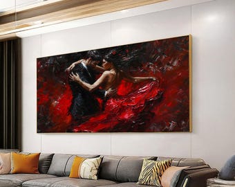 May include: An oil painting depicts a couple dancing the tango. The woman wears a flowing red dress, and the man is in a black suit. The background is a blend of red and black, with visible brushstrokes. The artwork is framed in gold.