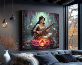May include: A framed artwork depicts a woman playing a stringed instrument while seated on a lotus flower. The artwork features a serene scene with a glowing halo, butterflies, and a lush, dreamlike forest background. The color palette includes gold, pink, and blue.