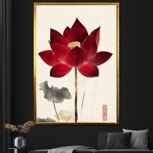 Red Lotus Canvas Painting Traditional Asian Wall Art for Living Room Elegant Floral Decor Gift