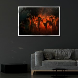 Mystical Fire Dance Canvas Painting, Dramatic Wall Art, Ethereal Women Dancing, Fiery Scene Artwork, Unique Home Decor, Gift image 4