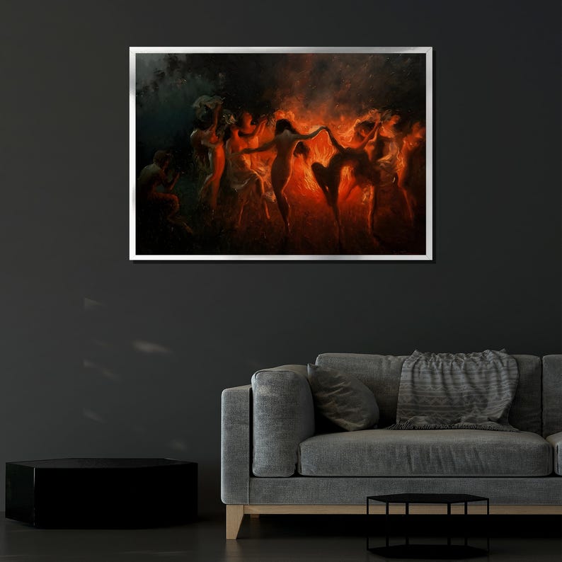 Mystical Fire Dance Canvas Painting, Dramatic Wall Art, Ethereal Women Dancing, Fiery Scene Artwork, Unique Home Decor, Gift image 4