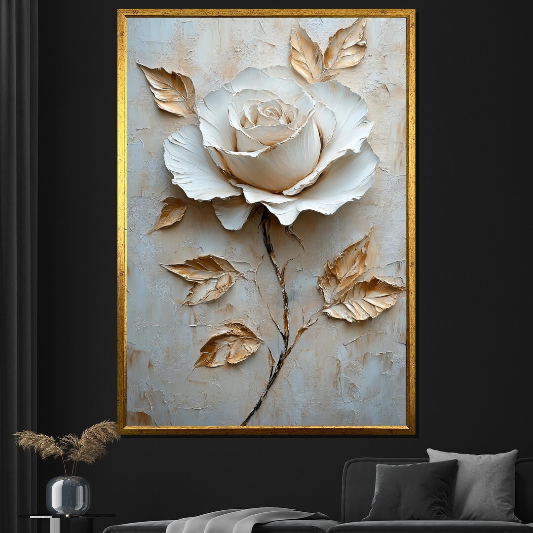 White Rose Canvas Painting - Elegant Floral Wall Art for Living Room ...