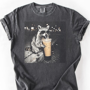 Comfort Colors® Retro Raccoon Drinking Iced Coffee Shirt | Funny Animal Meme Tee | Coffee Lover Raccoon Shirt | Unisex Graphic T Shirt