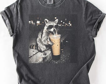 Comfort Colors® Retro Raccoon Drinking Iced Coffee Shirt | Funny Animal Meme Tee | Coffee Lover Raccoon Shirt | DTG Print