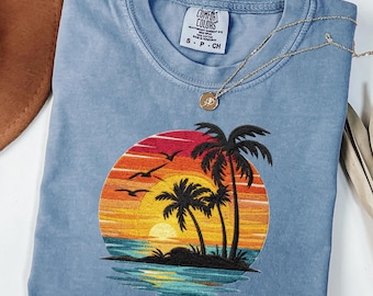 Comfort Colors® Sunset Beach Shirt, Tropical Palm Tree Shirt, Summer Vacation Tee, Ocean Sunset Shirt, Coastal Aesthetic Shirt