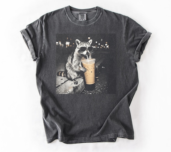 Comfort Colors® Retro Raccoon Drinking Iced Coffee Shirt | Funny Animal Meme Tee | Coffee Lover Raccoon Shirt | DTG Print