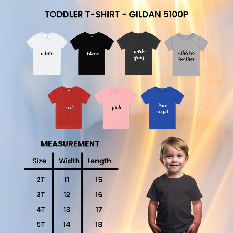 May include: A product image showcasing a variety of toddler t-shirts in different colors, including white, black, dark gray, athletic heather, red, pink, and true royal. The image also includes a size chart with measurements in inches.