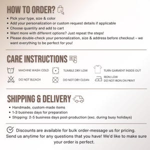 May include: A cream-colored informational graphic with text detailing how to order, care instructions, and shipping information. The text includes bullet points and icons for clarity. The graphic is designed to provide clear instructions to customers.