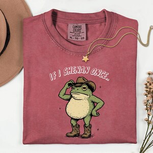May include: A dusty rose Comfort Colors t-shirt featuring a cartoon frog in a cowboy hat and boots. The text "IF I SHENAN ONCE.." is above the frog. A gold star pendant necklace and a brown hat are also in the image.
