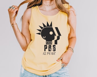Débardeur muscle graphique punk rock PBS Comfort Colors®, chemise sans manches à imprimé crânes grunge rétro, t-shirt nostalgie des années 70 et de protestation politique des années 70