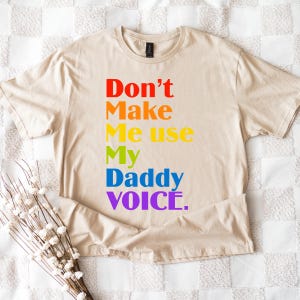 Camiseta con cita de arcoíris y orgullo LGBTQ: divertida camiseta "No me hagas usar mi voz de papá", regalo de tipografía atrevida para él, ella o personas no binarias.