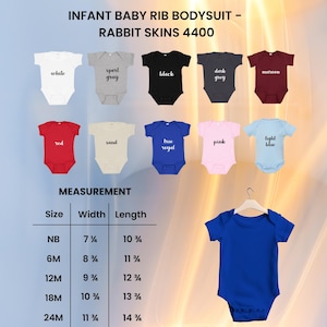 May include: A collection of infant baby rib bodysuits in various colors, including white, gray, black, dark grey, maroon, red, sand, blue, pink, and light blue. The image also displays a size chart with measurements in inches for width and length.