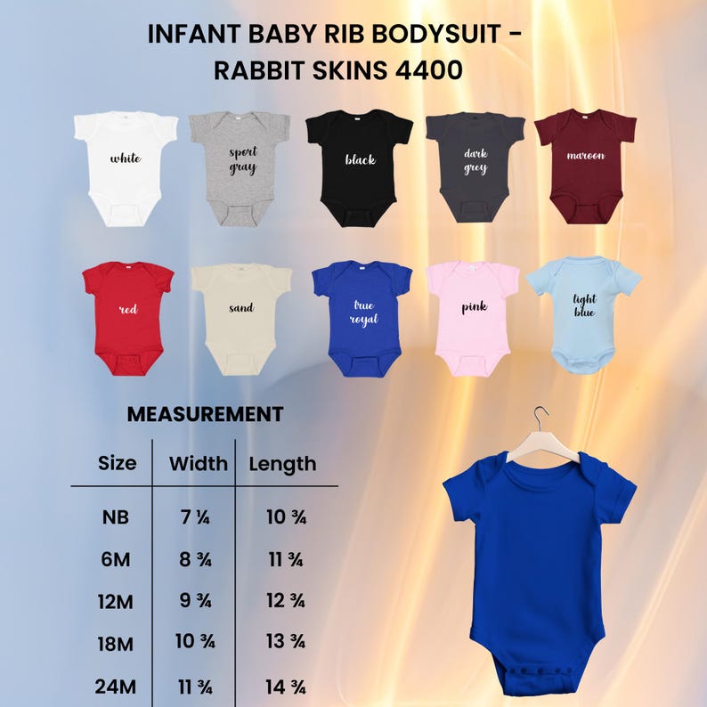 May include: A collection of infant baby rib bodysuits in various colors, including white, gray, black, dark grey, maroon, red, sand, blue, pink, and light blue. The image also displays a size chart with measurements in inches for width and length.