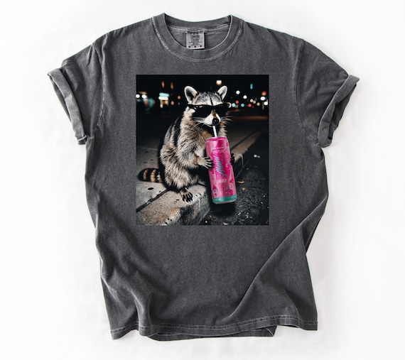 Comfort Colors® Raccoon Cotton Pink Slush Energy Drink Graphic Tee, Fun Animal Lover Shirt, Funny Meme Genz Dank Raccoons Shirt