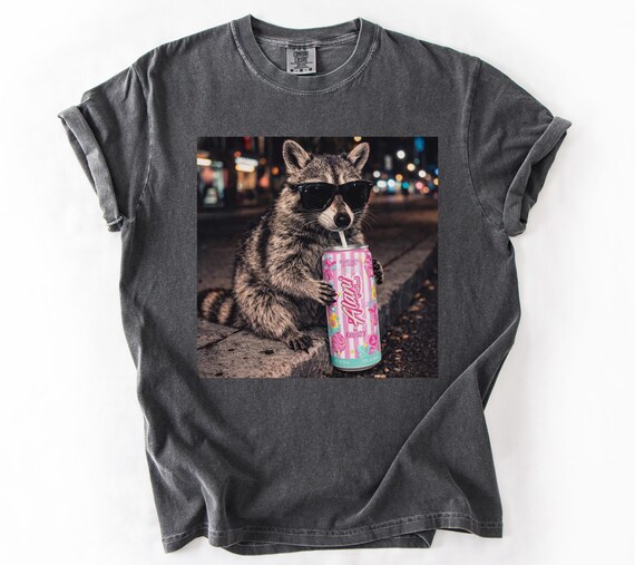Raccoon Cotton Candy Drink Graphic Tee, Fun Animal Lover Shirt, Vintage Raccoons Shirt, Funny Meme Genz Dank Raccoons Shirt