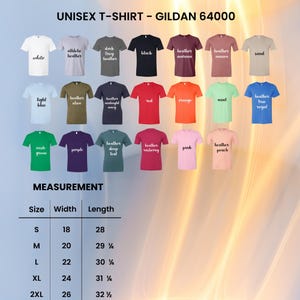 May include: A variety of unisex t-shirts in various colors, including white, black, red, and blue. The image displays the Gildan 64000 model, with a size chart showing width and length measurements in inches. The shirts are available in sizes S to 2XL.