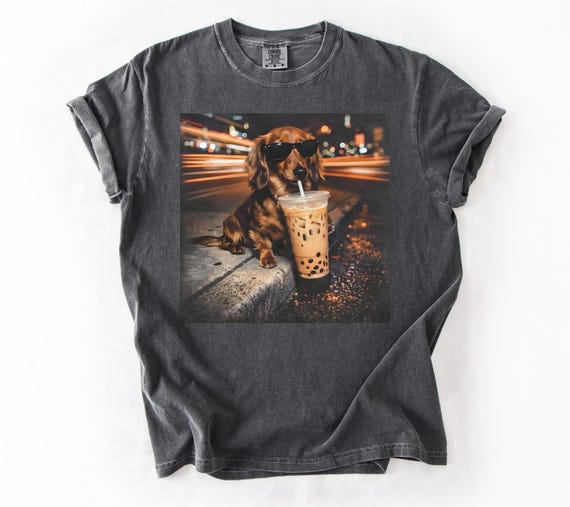 Comfort Colors® Funny Dachshund Drinking Iced Coffee T-shirt, Vintage Dog Shirt, Wiener Dog Tee, Sausage Dog Unisex Tee, Dog Lover Shirt