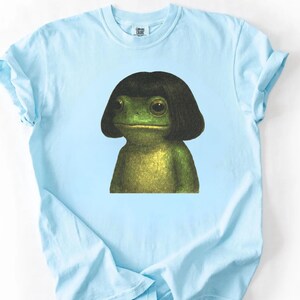 May include: Light blue t-shirt featuring a whimsical illustration of a green frog wearing a black wig. The frog has large, expressive eyes and a detailed, textured appearance. The shirt is made of a soft material.