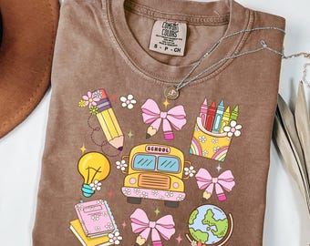 Pastel Teacher Shirt: School Bus, Crayons, Bows - Comfort Colors Tee
