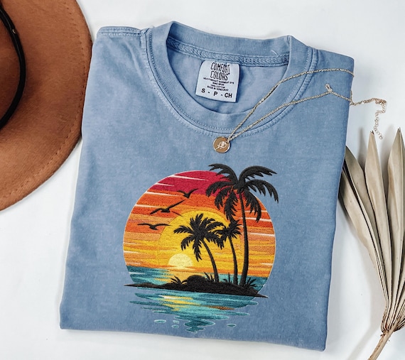 Comfort Colors® Sunset Beach Shirt, Tropical Palm Tree Shirt, Summer Vacation Tee, Ocean Sunset Shirt, Coastal Aesthetic Shirt