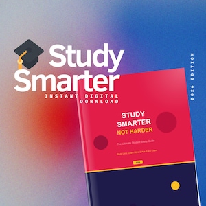May include: A book cover with the title "Study Smarter" in white text, featuring a graduation cap icon. The cover is red with the text "Study Smarter Not Harder" and "The Ultimate Student Study Guide". The background is a gradient of blue, orange, and white.