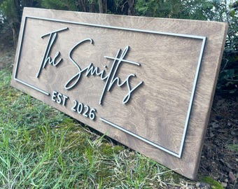 Personalized Surname Sign, Rustic Wood Family Plaque with Year, Thoughtful Gift for Wedding or Anniversary, Wooden Home Decor