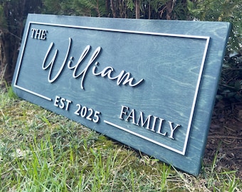 May include: A teal wooden family sign with white lettering. The sign reads "THE William EST 2025 FAMILY". The sign has a white border and is displayed on a bed of green grass.