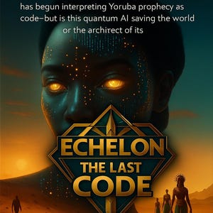 Op de afbeelding: Boekomslag voor "Echelon: The Last Code" van Bennet Ugo. De afbeelding toont het gezicht van een vrouw met gloeiende ogen, overliggend met een geometrisch embleem. De achtergrond toont een woestijnlandschap met figuren.