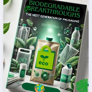 Puede incluir: Una portada de libro con el título "Biodegradable Breakthroughs: The Next Generation of Packaging". La portada presenta una bolsa ecológica verde con la palabra "eco" en ella, rodeada de varios materiales de embalaje, incluyendo botellas, bolsas y contenedores. El fondo es un patrón verde y blanco.