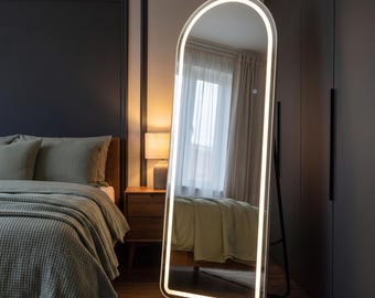 LED Full Length Mirror 63" x 20", Arched Floor Mirror with Stand, Dimmable Decorative Mirror, 3 Light Modes