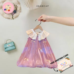 Princess Style Bow Embellished Dress, Shiny Bubble Hem Dress, Shimmer Bow Tulle Dress for Little Girls, Kids Clothing 2-7 Years