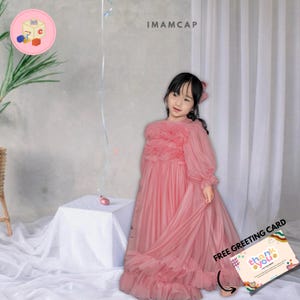 Pink Girls Long Tulle Gown, Ruffle Trim Princess Dress for Birthday Little Girls, Toodler Party Dress, Kids Clothing 2-8 Years