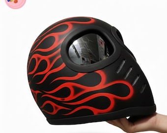 Retro Alien Art Flame Red Black Hand-Painted Full Face Helmet - Custom Motorcycle Helmet