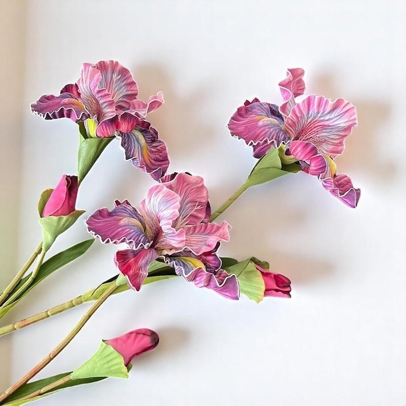 May include: A bouquet of three pink and purple iris flowers with green stems and leaves. The flowers have a ruffled appearance and are arranged in a cluster.